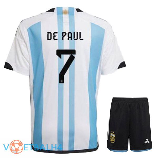 Argentinië (DE PAUL 7) kinderen voetbal jersey thuis blauw wit wereldbeker 2022