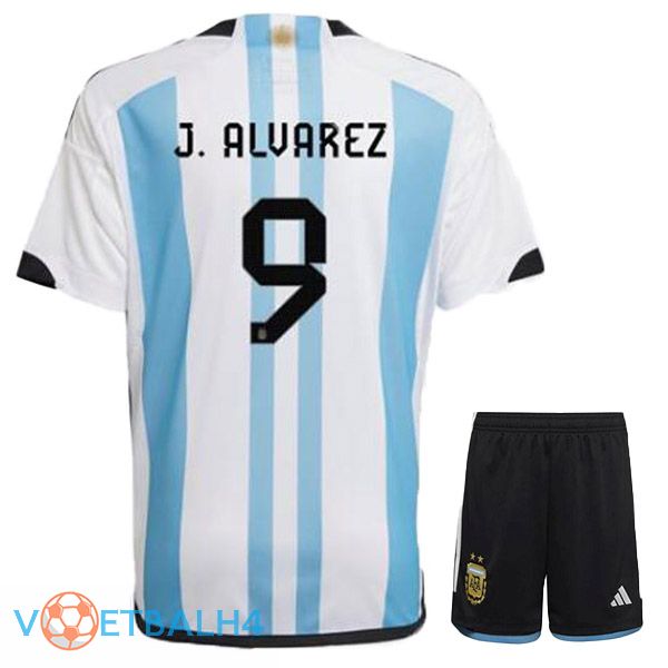 Argentinië (J. ALVAREZ 9) kinderen voetbal jersey thuis blauw wit wereldbeker 2022