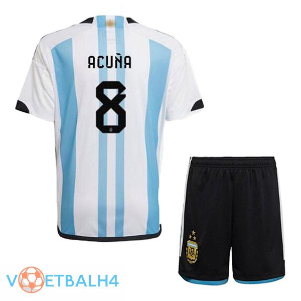 Argentinië (ACUÑA 8) 3 sterren kinderen voetbal jersey thuis blauw wit 2022/2023