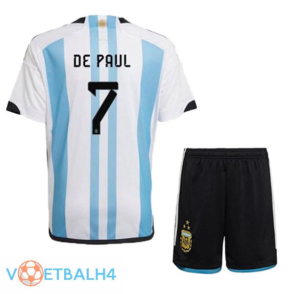 Argentinië (DE PAUL 7) 3 sterren kinderen voetbal jersey thuis blauw wit 2022/2023