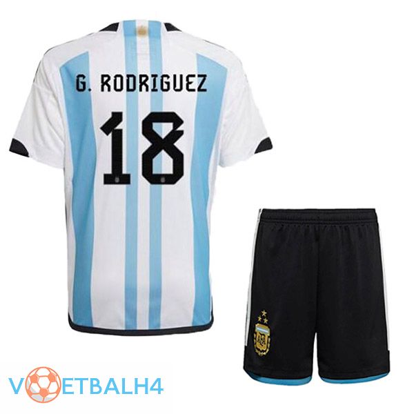 Argentinië (G. RODRIGUEZ 18) 3 sterren kinderen voetbal jersey thuis blauw wit 2022/2023