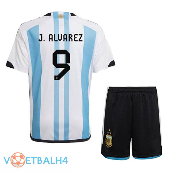 Argentinië (J. ALVAREZ 9) 3 sterren kinderen voetbal jersey thuis blauw wit 2022/2023