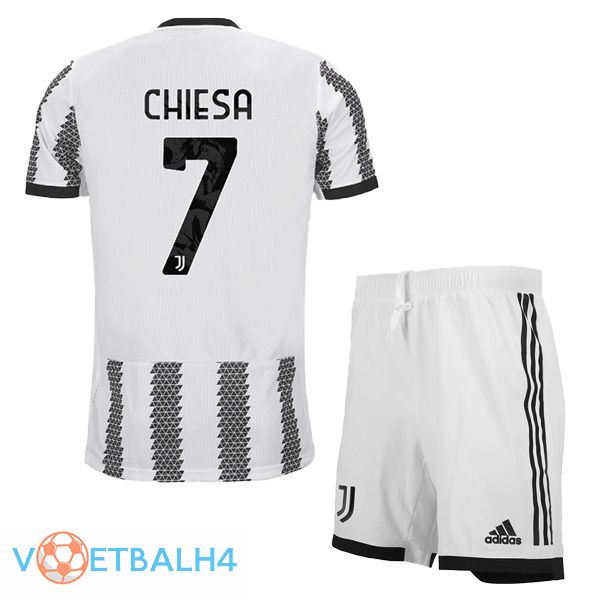 Juventus (CHIESA 7) kinderen voetbal jersey thuis wit zwart 2022/2023