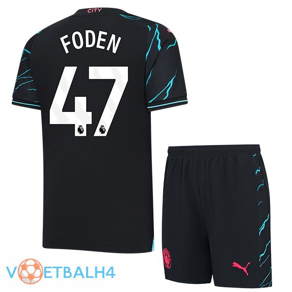 Manchester City (Phil Foden 47) kinderen derde voetbal jersey blauw zwart 2023/2024