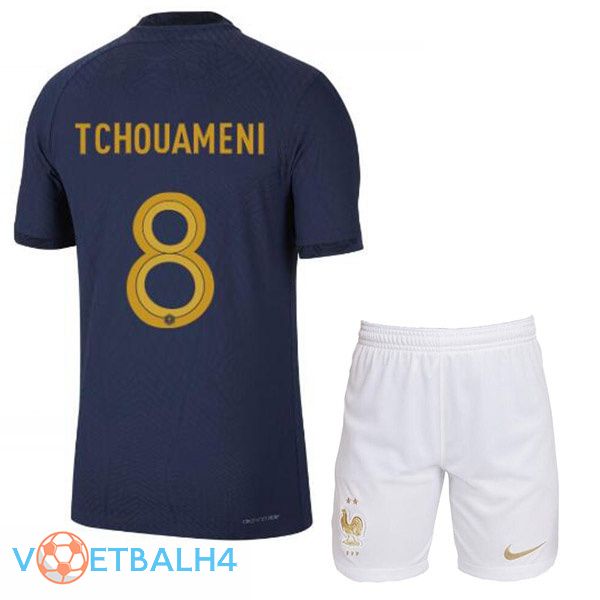 Frankrijk (TCHOUAMENI 8) kinderen voetbal jerseys thuis blauw koninklijk wereldbeker 2022