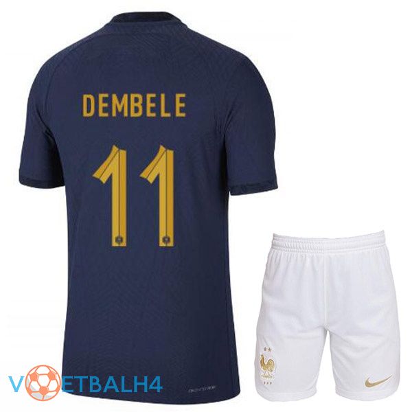 Frankrijk (DEMBELE 11) kinderen voetbal jerseys thuis blauw koninklijk wereldbeker 2022