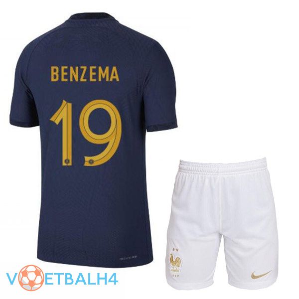 Frankrijk (BENZEMA 19) kinderen voetbal jerseys thuis blauw koninklijk wereldbeker 2022