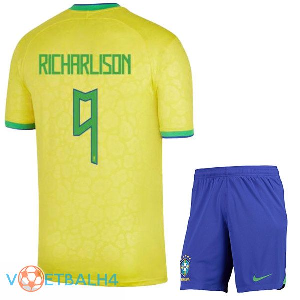 Brazilië (RICHARLISON 9) kinderen voetbal jerseys thuis geel wereldbeker 2022