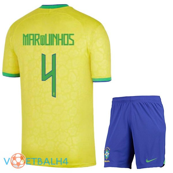 Brazilië (MARQUINHOS 4) kinderen voetbal jerseys thuis geel wereldbeker 2022