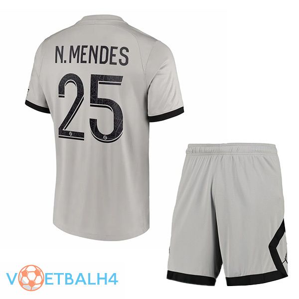 Paris PSG (N.Mendes 25) kinderen voetbal jersey uit grijs 2022/2023