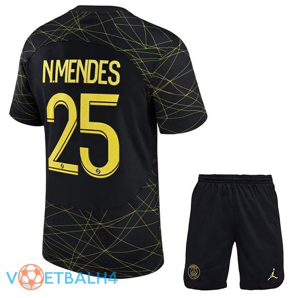 Paris PSG (N.MENDES 25) kinderen voetbal jersey vierde zwart 2022/2023