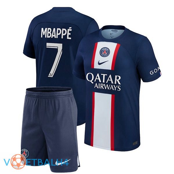 Paris PSG (Mbappé 7) kinderen voetbal jerseys thuis blauw koninklijk 2022-2023