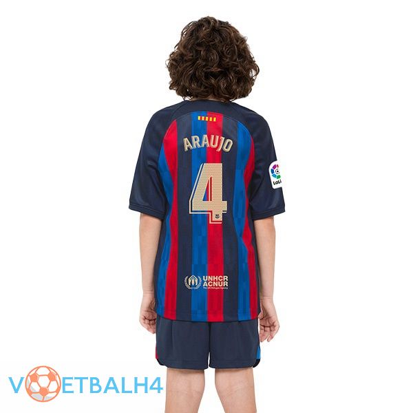 FC Barcelona (R. Araujo 4) kinderen voetbal jerseys thuis rood blauw 2022-2023