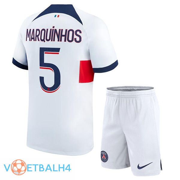 Paris PSG (Marquinhos 5) kinderen voetbal jersey uit wit 2023/2024