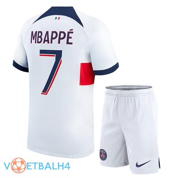 Paris PSG (Mbappé 7) kinderen voetbal jersey uit wit 2023/2024